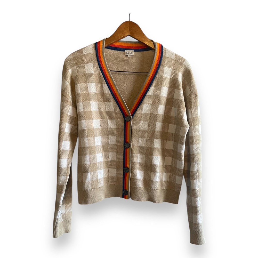 KULE Dino Gingham Cardigan Rainbow Striped Trim V-Neck Sweater Small Preppy